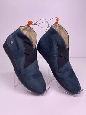 NWT Fly London Blue Suede Wedge Booties Womens Sz 8 Comfort Slip On Ankle Boots